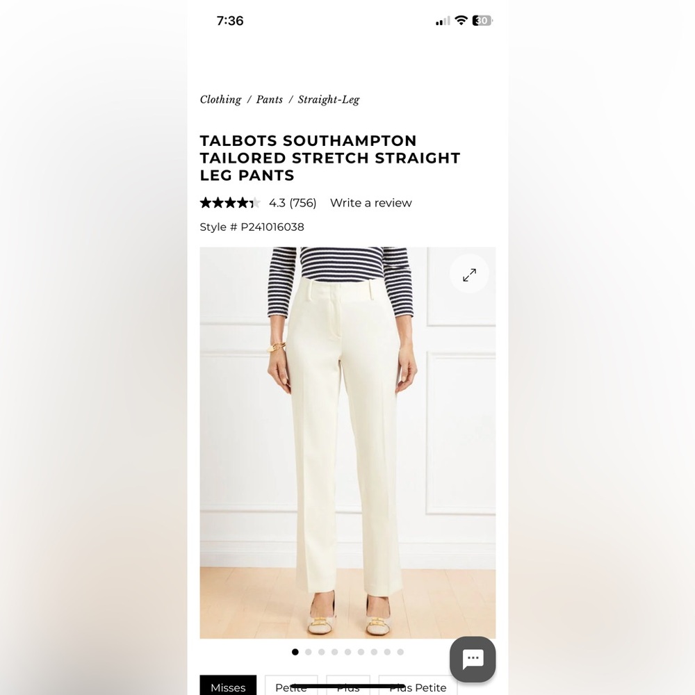 NWT Talbots Southampton Ivory Straight-Leg Pants Size 8P